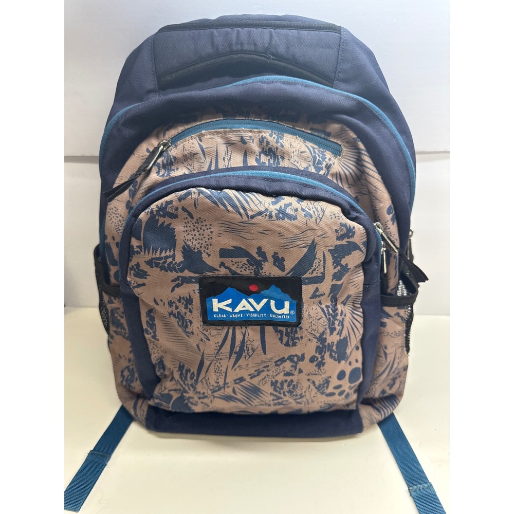 KAVU Backpack Navy Tan Nature Print Padded Laptop Sleeve Daypack Bag